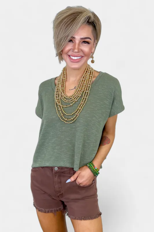 Olive V Neck Short Sleeve Crop Top sold by ZZs
