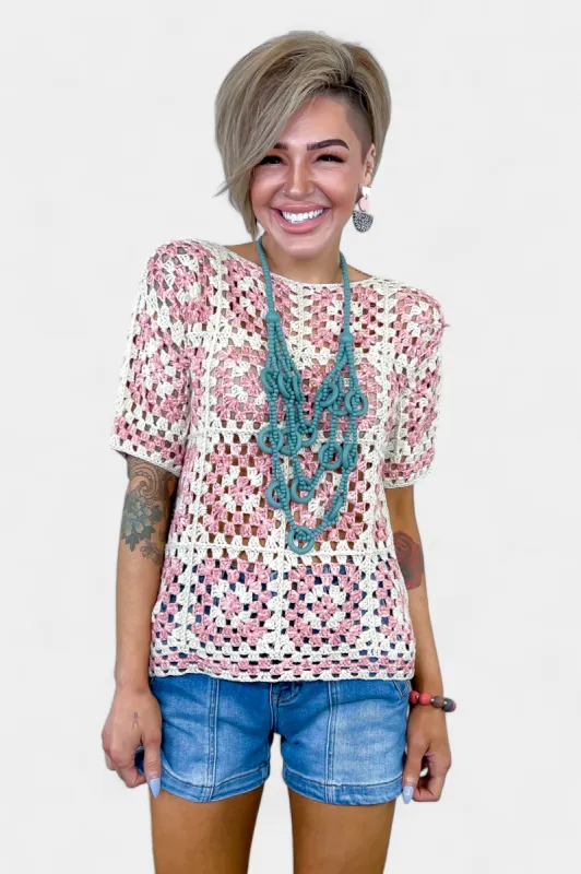 Pink & Beige Square Crochet Top sold by ZZs