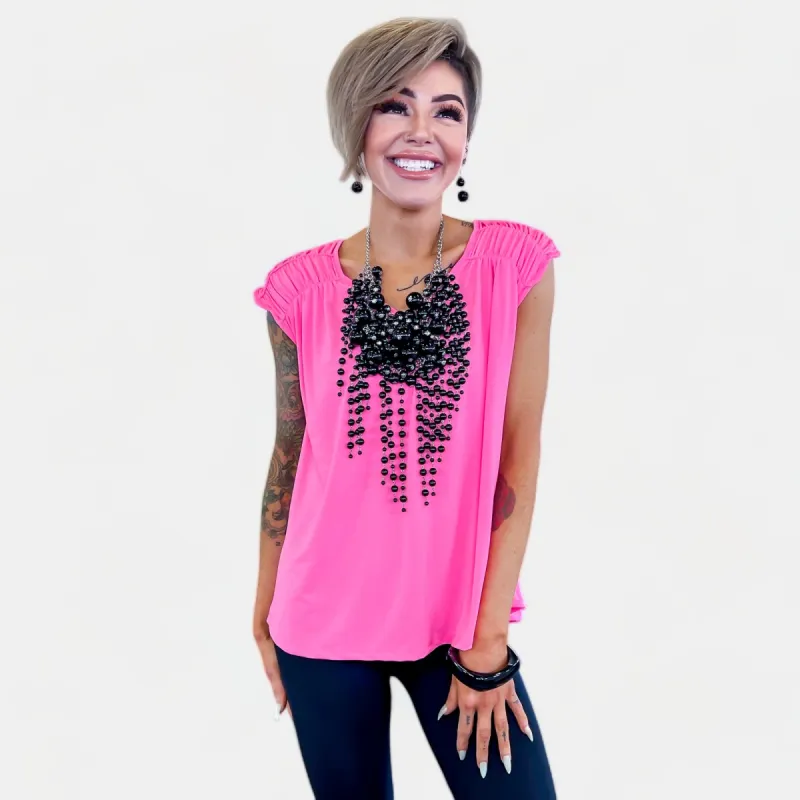 Neon Pink V Neck Tie Back Top sold by ZZs