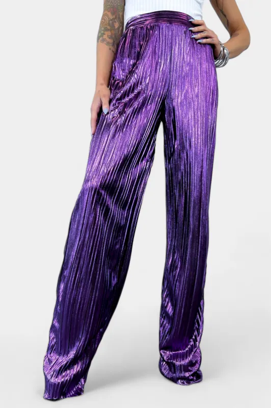Purple Metallic Crinkle Wide Leg Pants [NO RETURNS] sold by ZZs