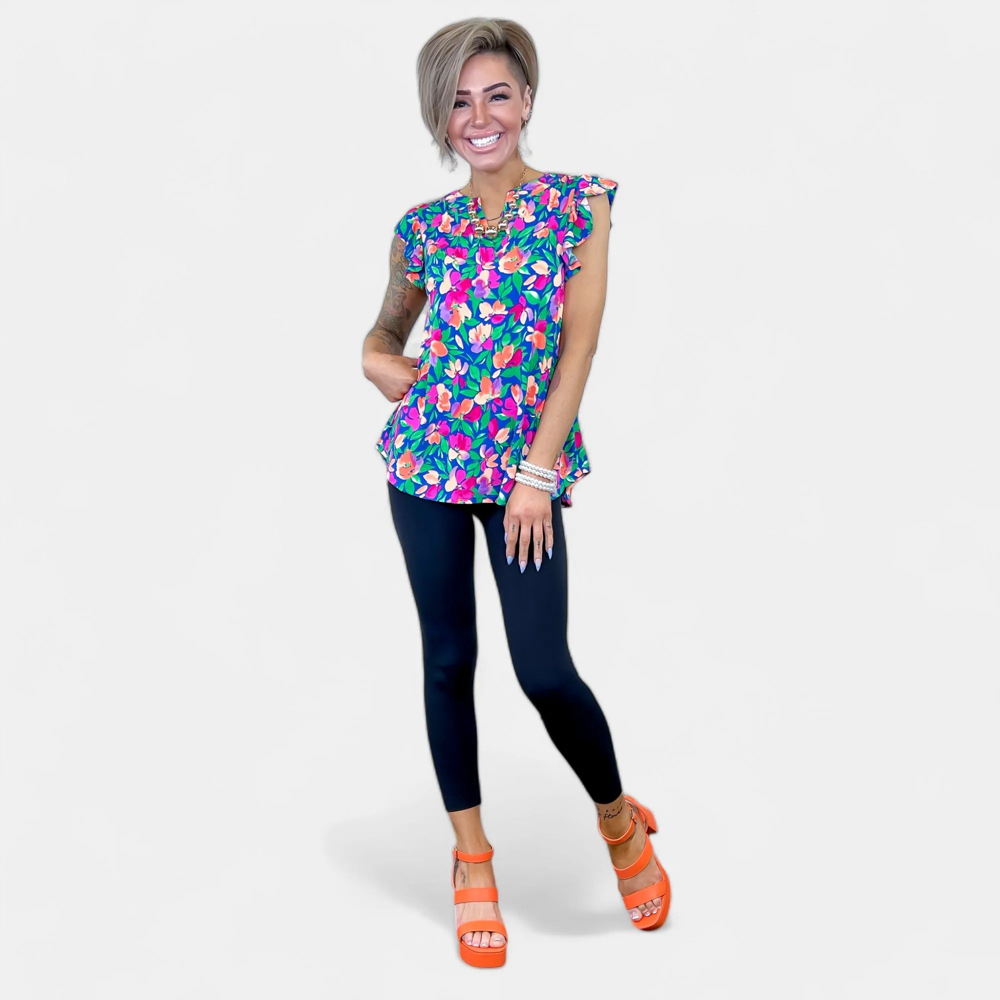 Royal Floral Lizzy Flutter Sleeve Top sold by ZZs