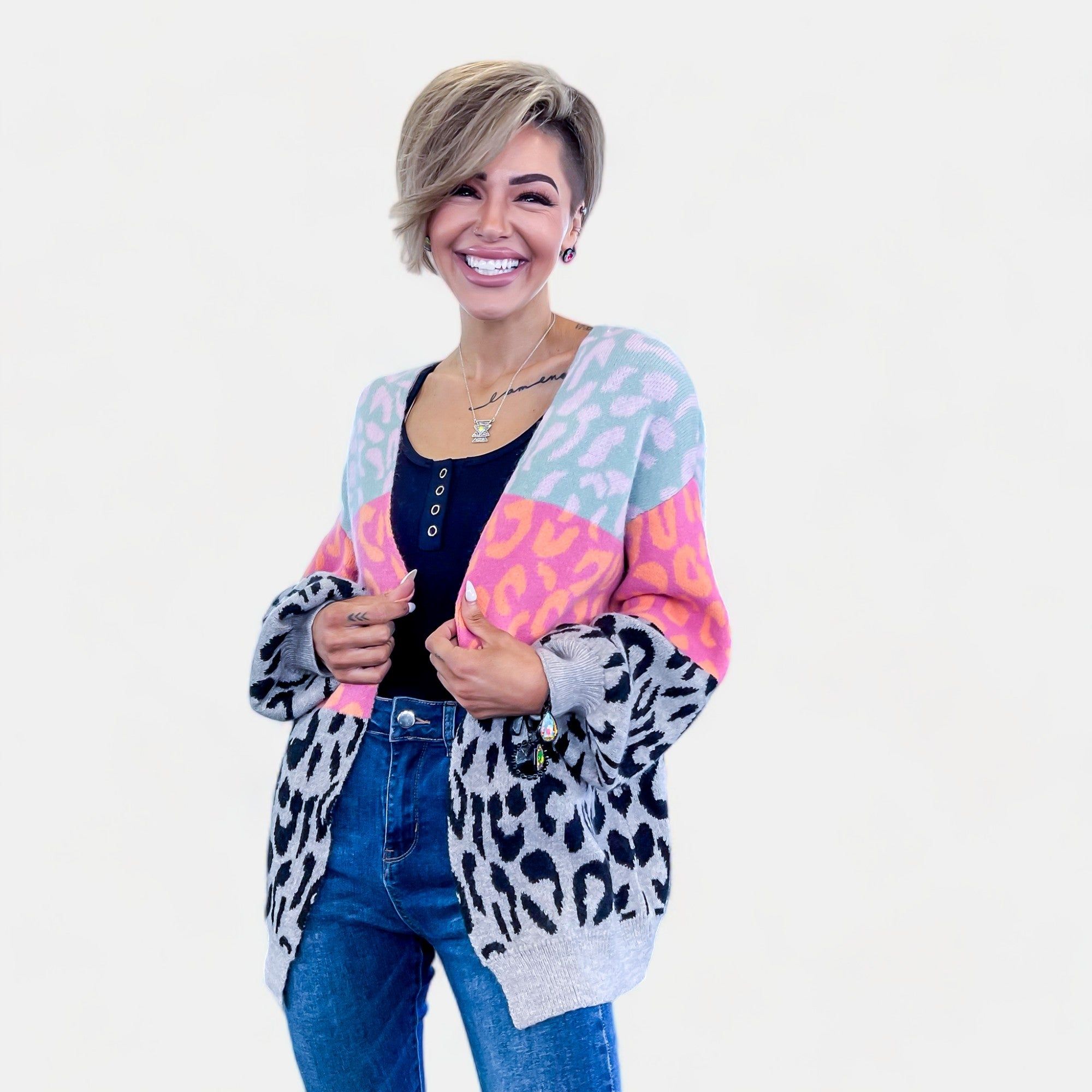 Grey Leopard Colorblock Cardigan sold by ZZs