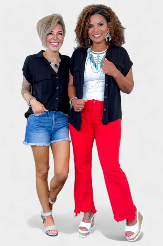 Black Front Pocket Short Sleeve Top sold by ZZs