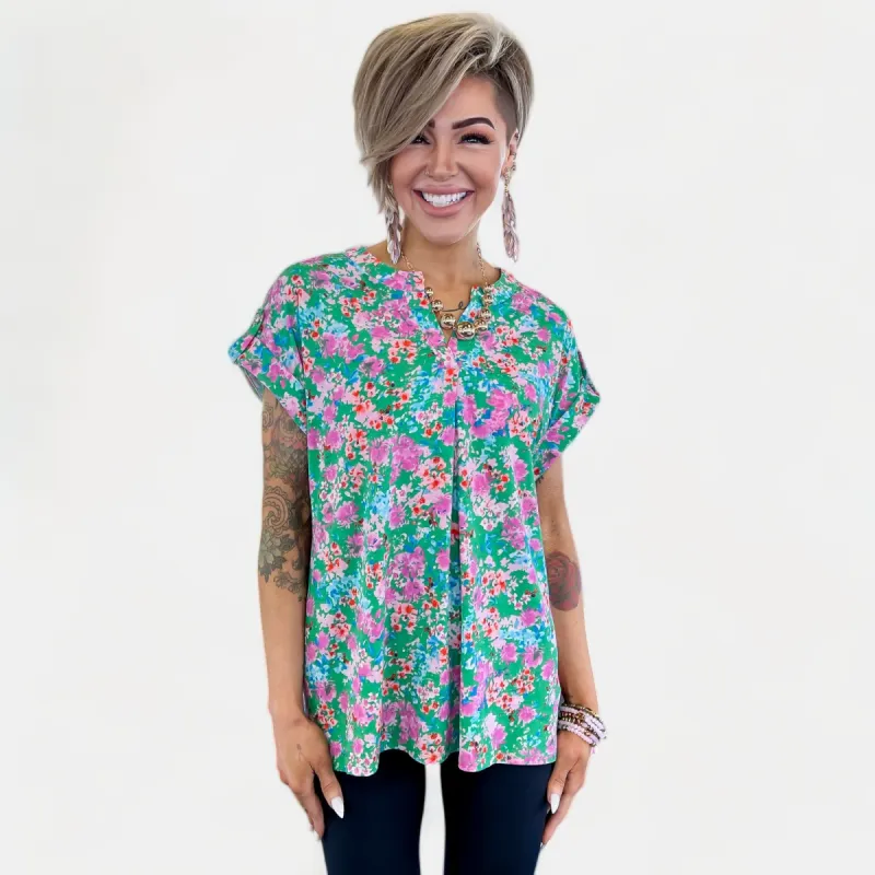 Green Multi Floral Lizzy Short Sleeve Top [NO RETURNS] sold by ZZs