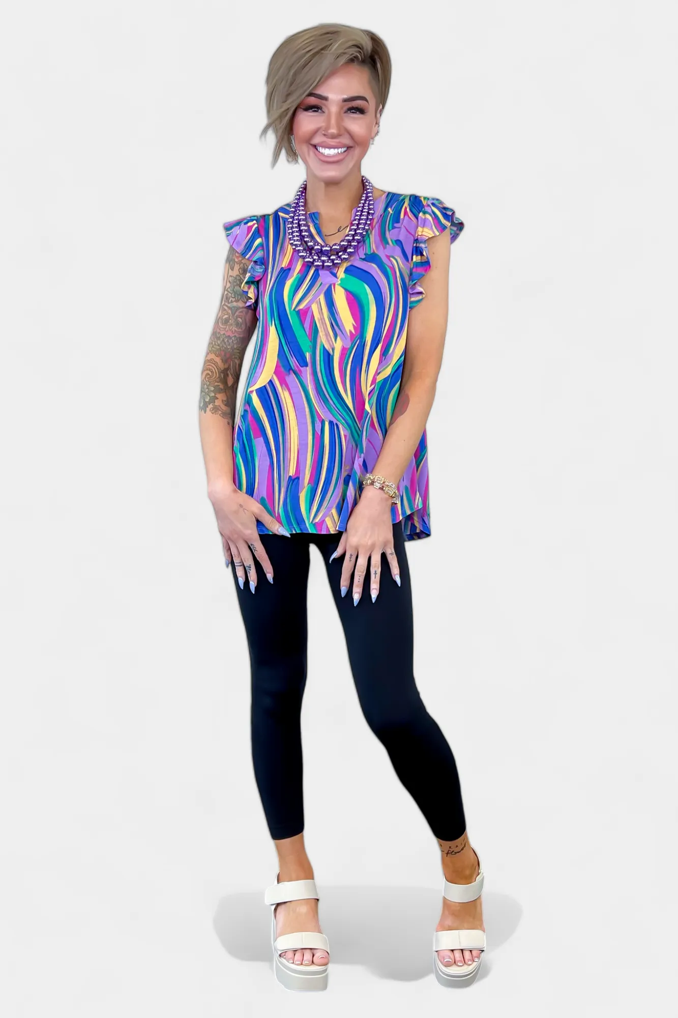 Lavender Multi Abstract Lizzy Flutter Sleeve Top sold by ZZs