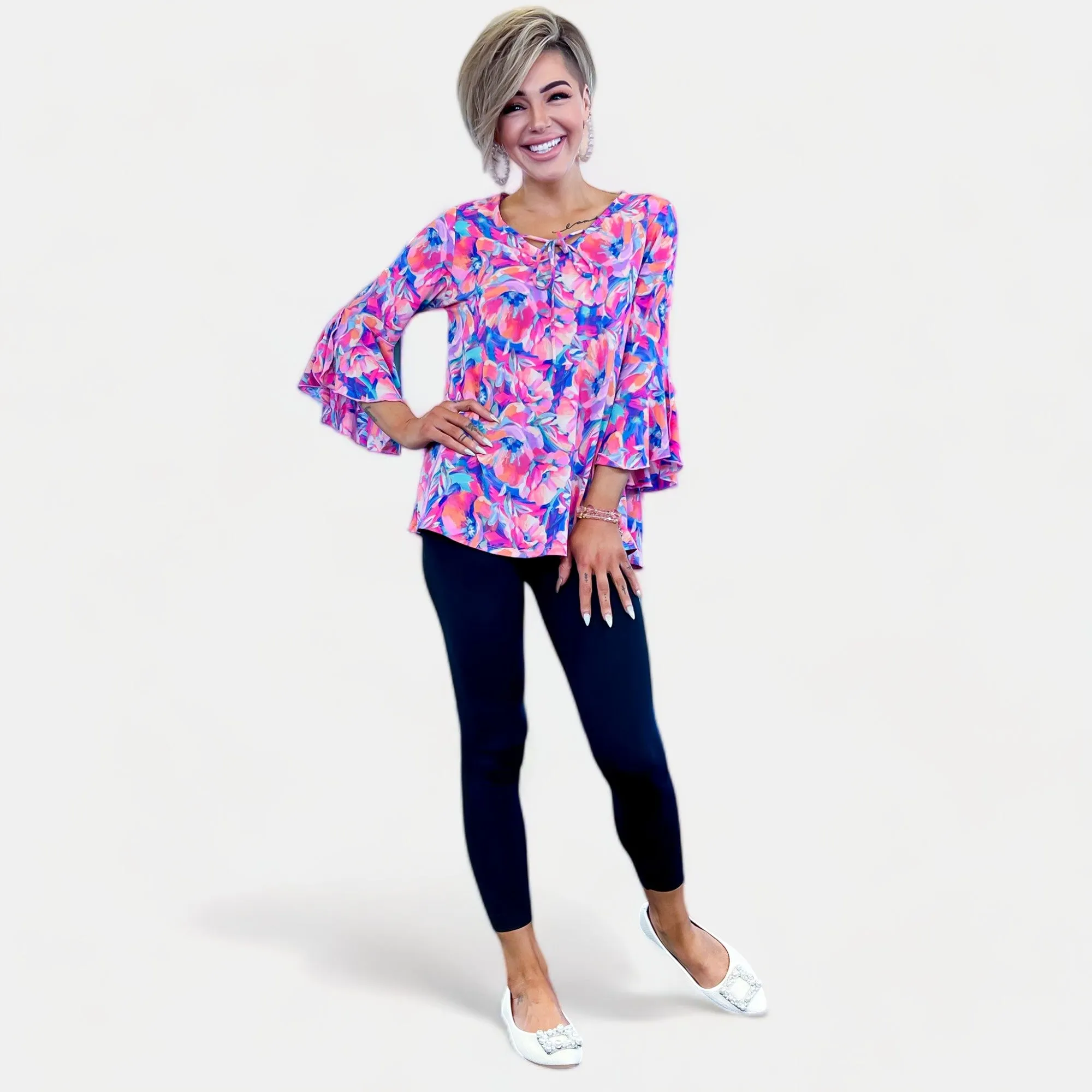 Royal Multi Floral Bell Sleeve Top sold by ZZs