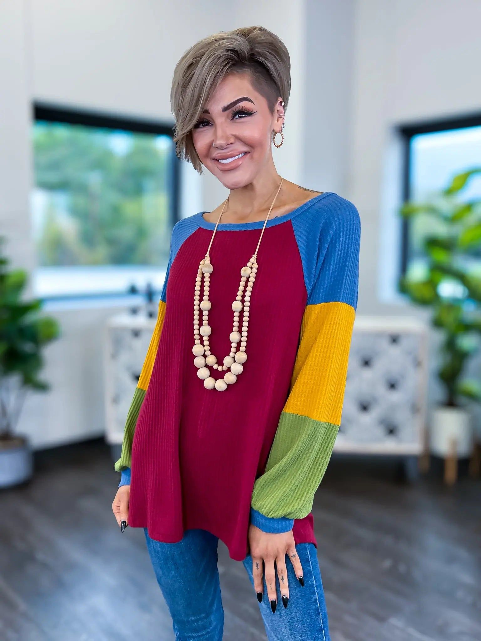 Long Sleeve Waffle Top | Burgundy sold by ZZs