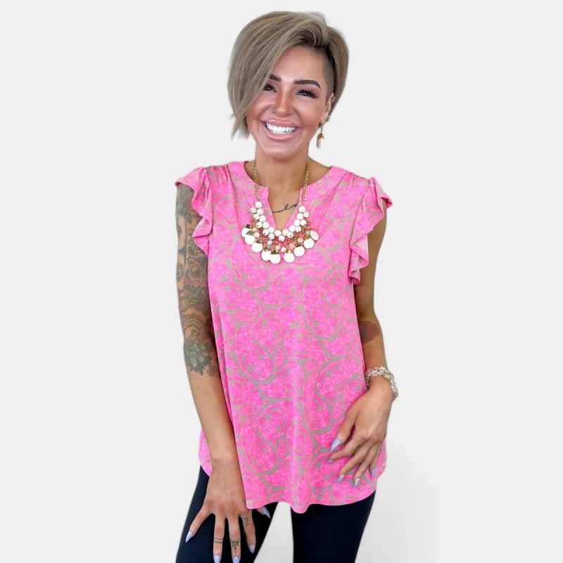 Oyster Pink Paisley Lizzy Flutter Sleeve Top sold by ZZs