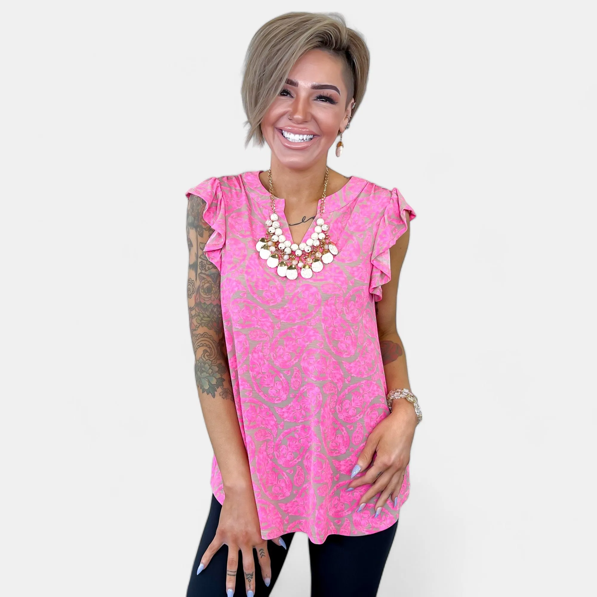Oyster Pink Paisley Lizzy Flutter Sleeve Top sold by ZZs