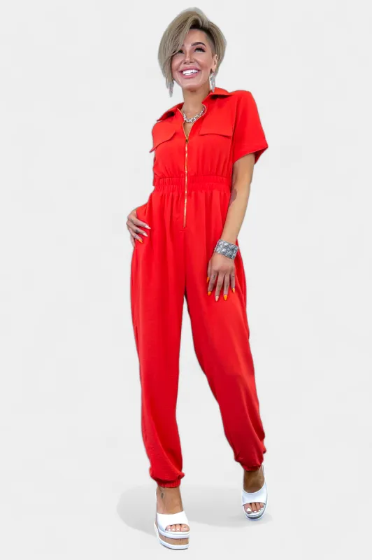 Red Front Zipper Jumpsuit sold by ZZs