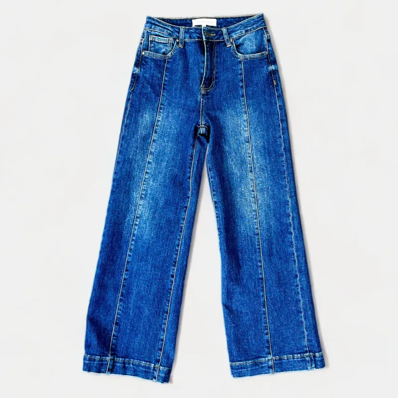 Dark Wash High Rise Ankle Wide Jeans sold by ZZs