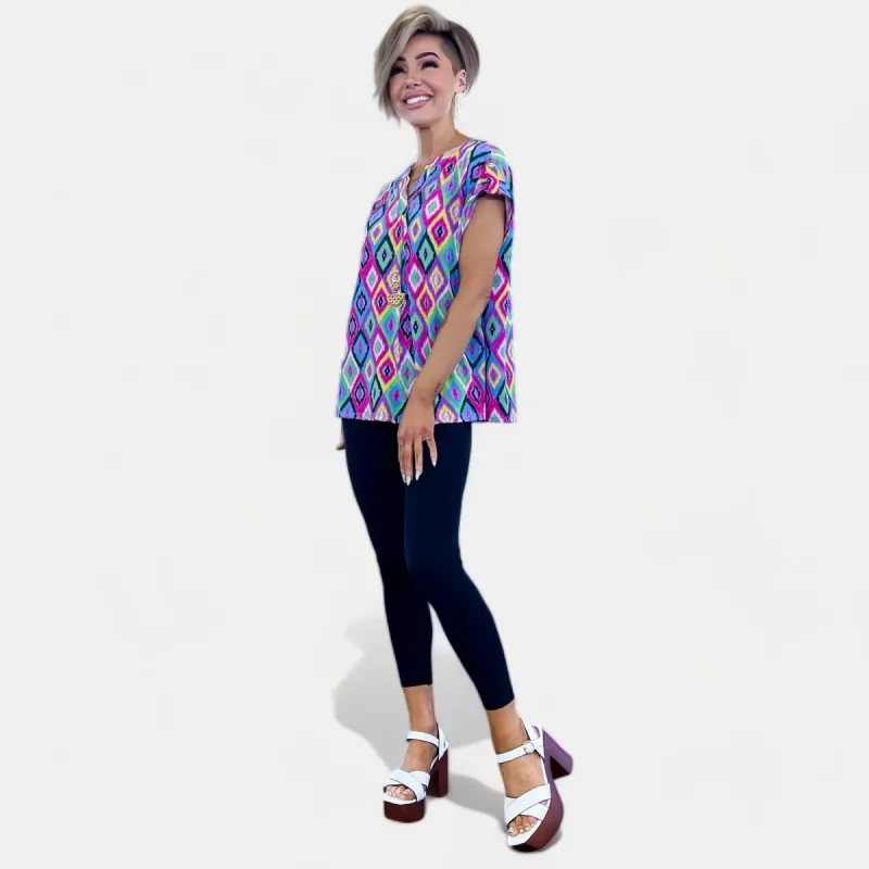 Lavender Multi Tribal Lizzy Short Sleeve Top sold by ZZs