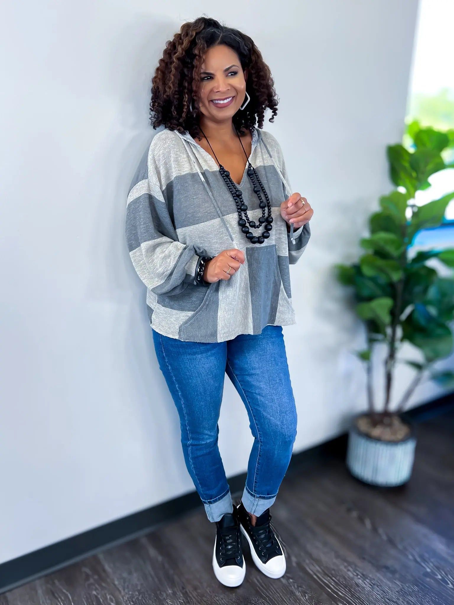 Charcoal Striped Knit Hoodie sold by ZZs