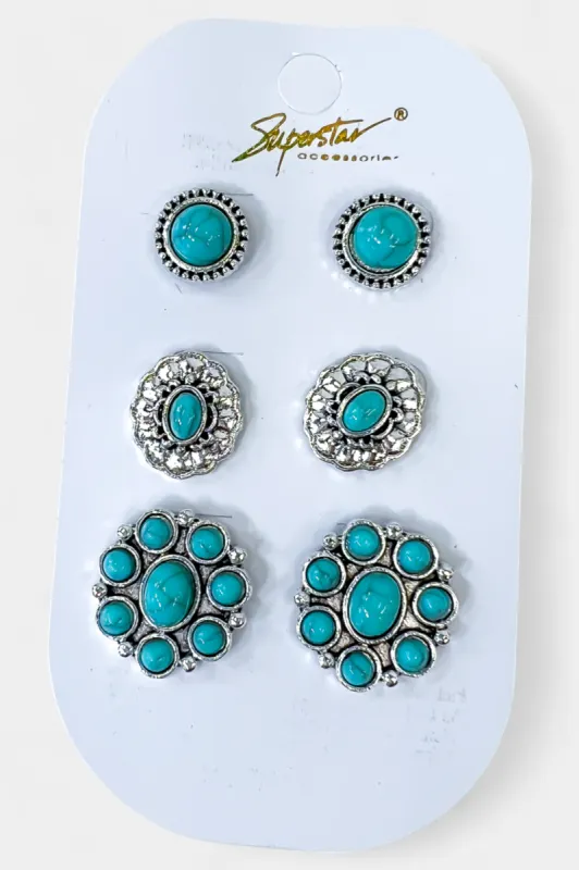 Silver Turquoise Stone Stud Earrings Set sold by ZZs