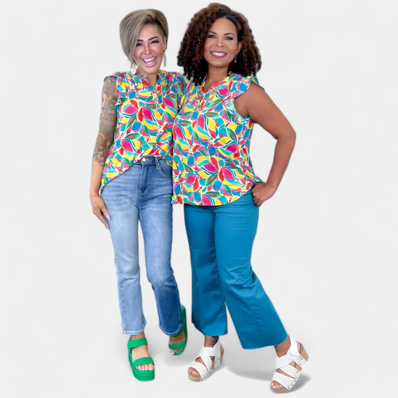 Teal Multi Abstract Lizzy Flutter Sleeve Top sold by ZZs