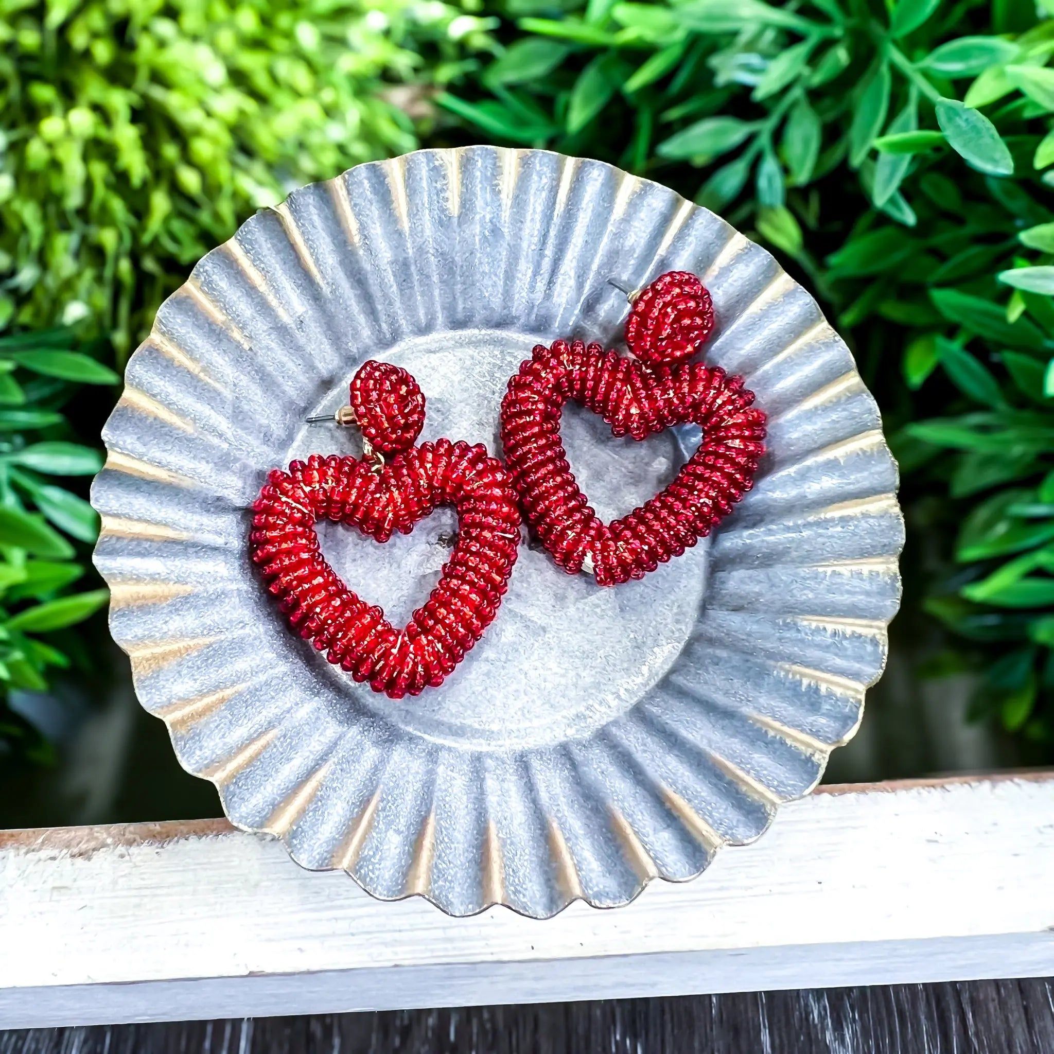 Red Seed Bead Heart Earrings sold by ZZs