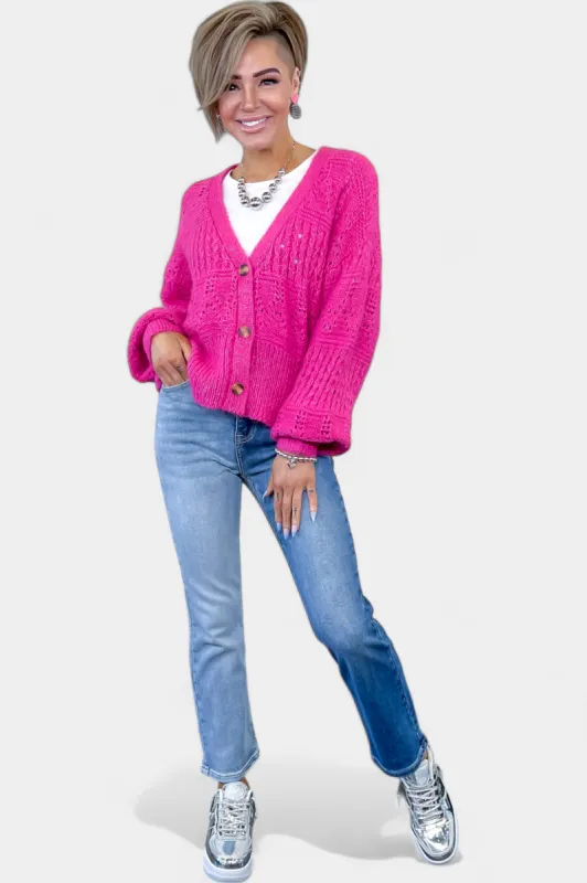 Fuchsia Bubble Sleeve Cardigan sold by ZZs