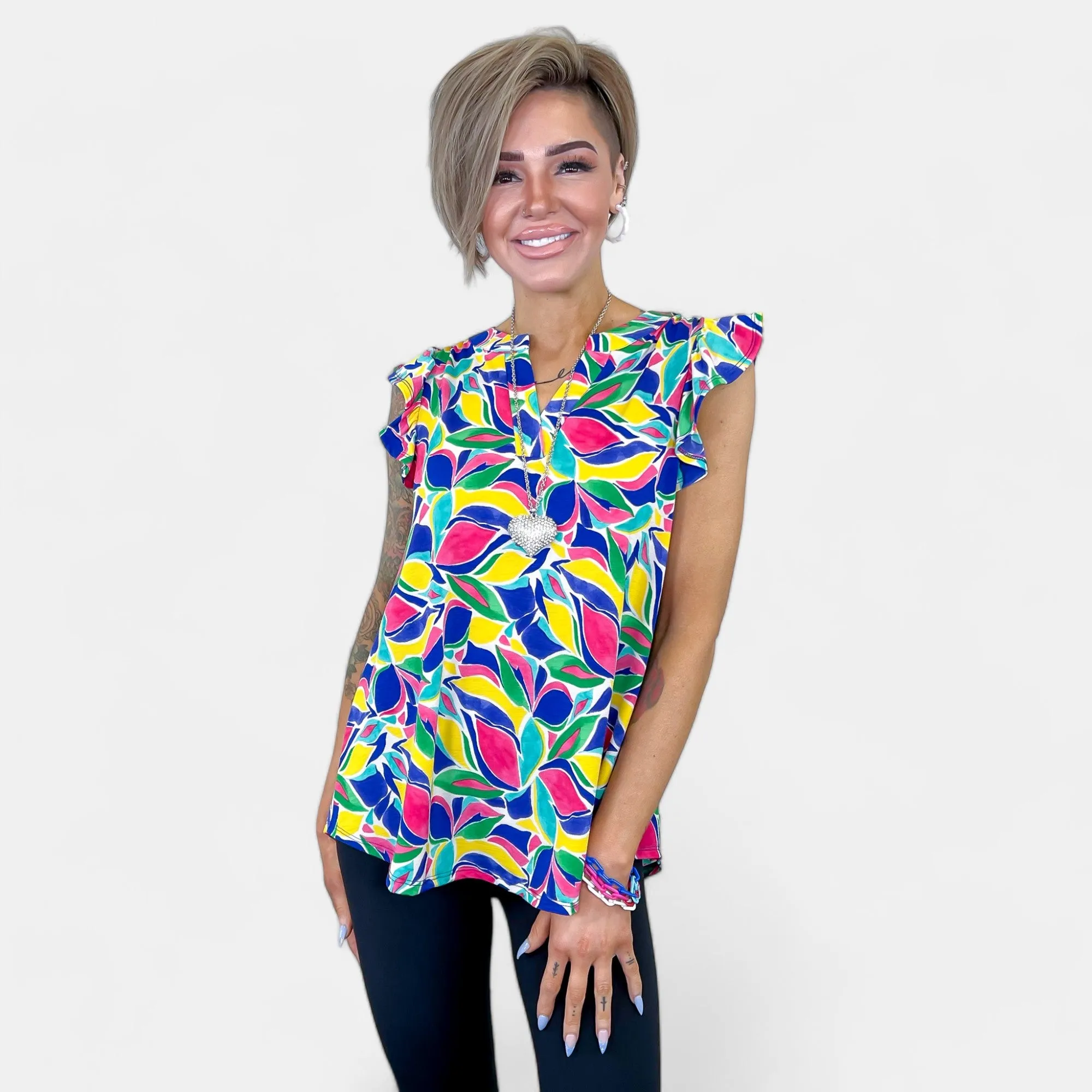 Royal Multi Abstract Lizzy Flutter Sleeve Top sold by ZZs