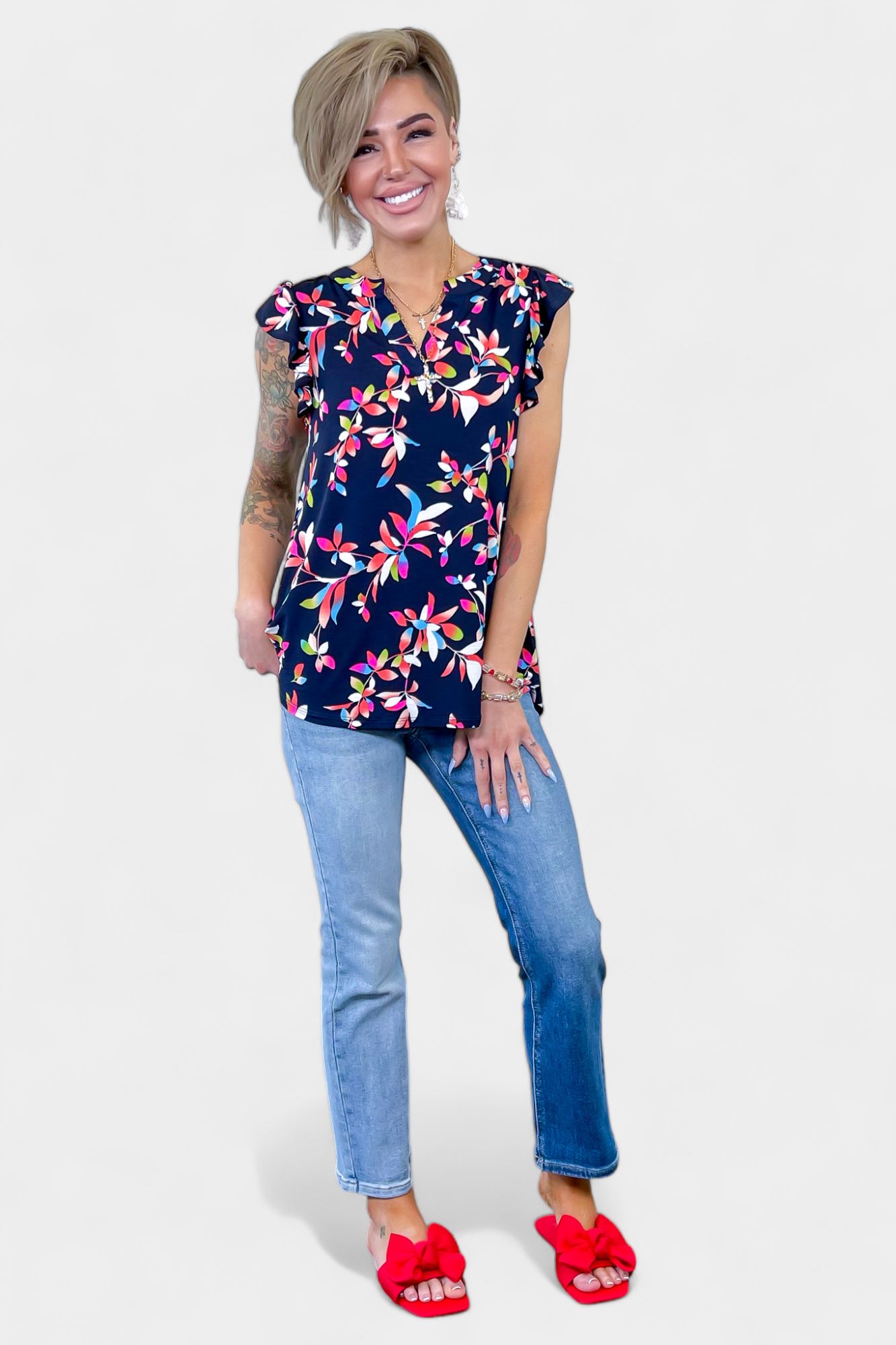 Navy Multi Floral Lizzy Flutter Sleeve Top sold by ZZs product image thumbnail 3