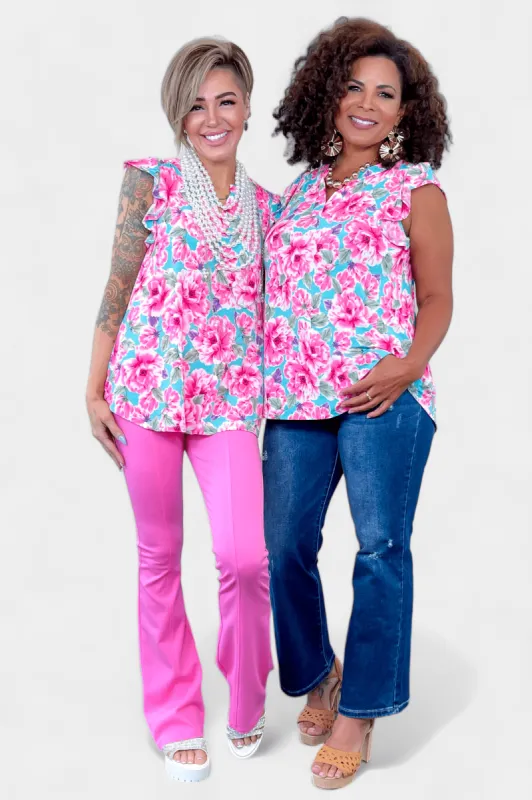 Mint Pink Floral Lizzy Flutter Sleeve Top sold by ZZs