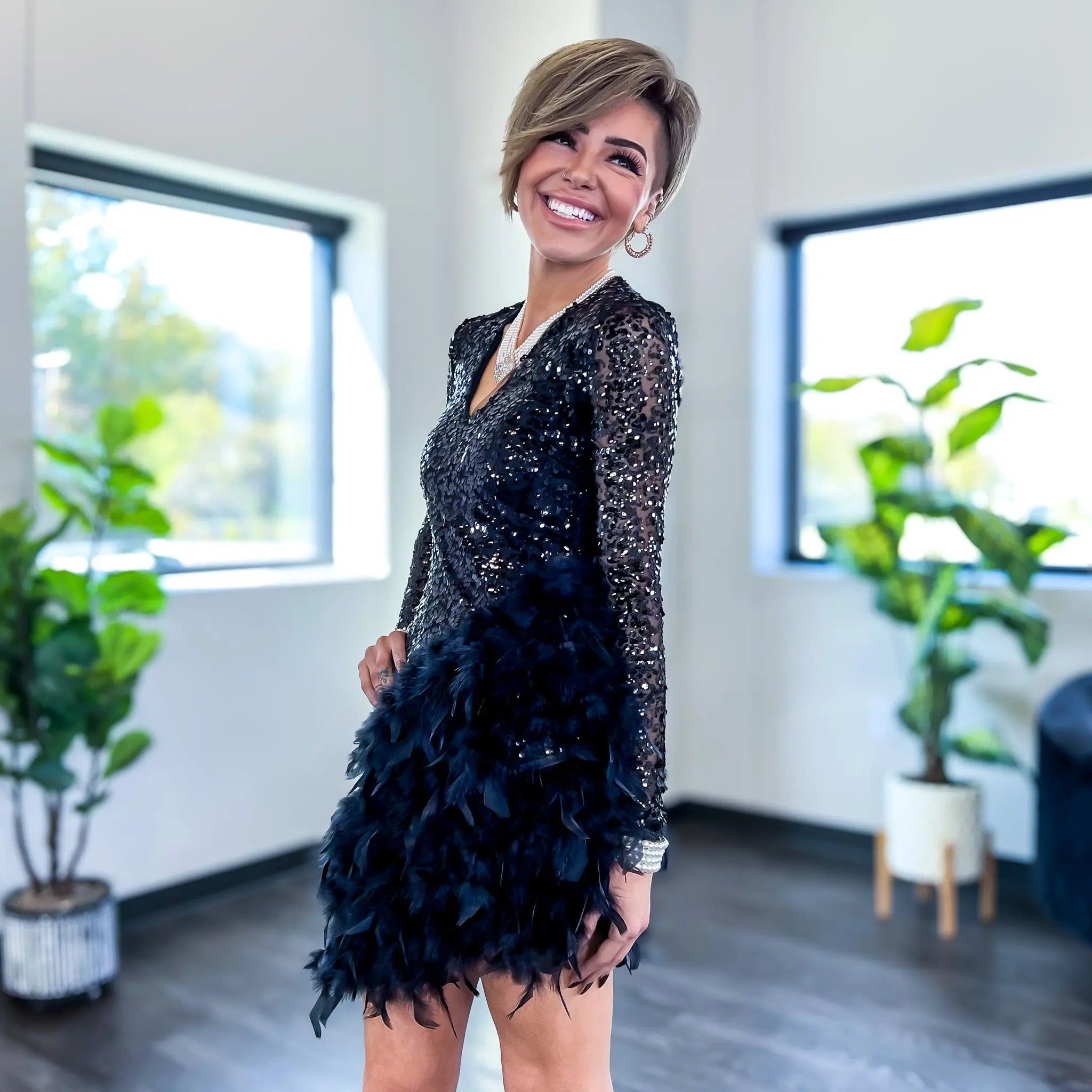 Black Sequin Feather Long Sleeve Dress sold by ZZs product image thumbnail 4