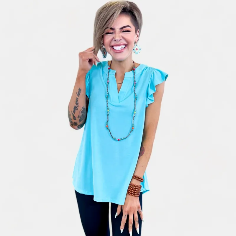 Neon Blue Lizzy Flutter Sleeve Top sold by ZZs