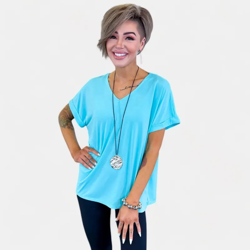 Neon Blue V Neck Basic Top sold by ZZs