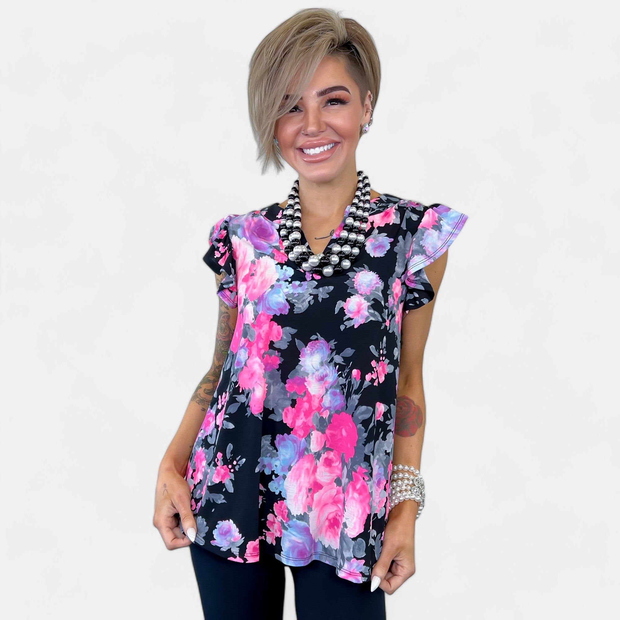 Black Multi Floral Lizzy Flutter Sleeve Top sold by ZZs product image thumbnail 2