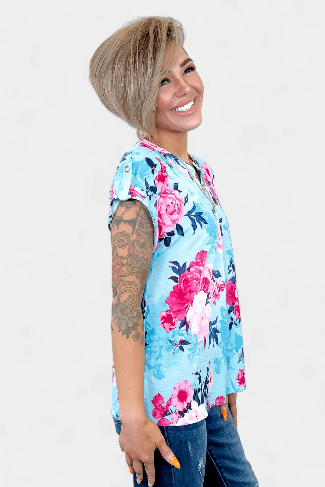 Blue & Pink Floral Lizzy Short Sleeve Top sold by ZZs product image thumbnail 3