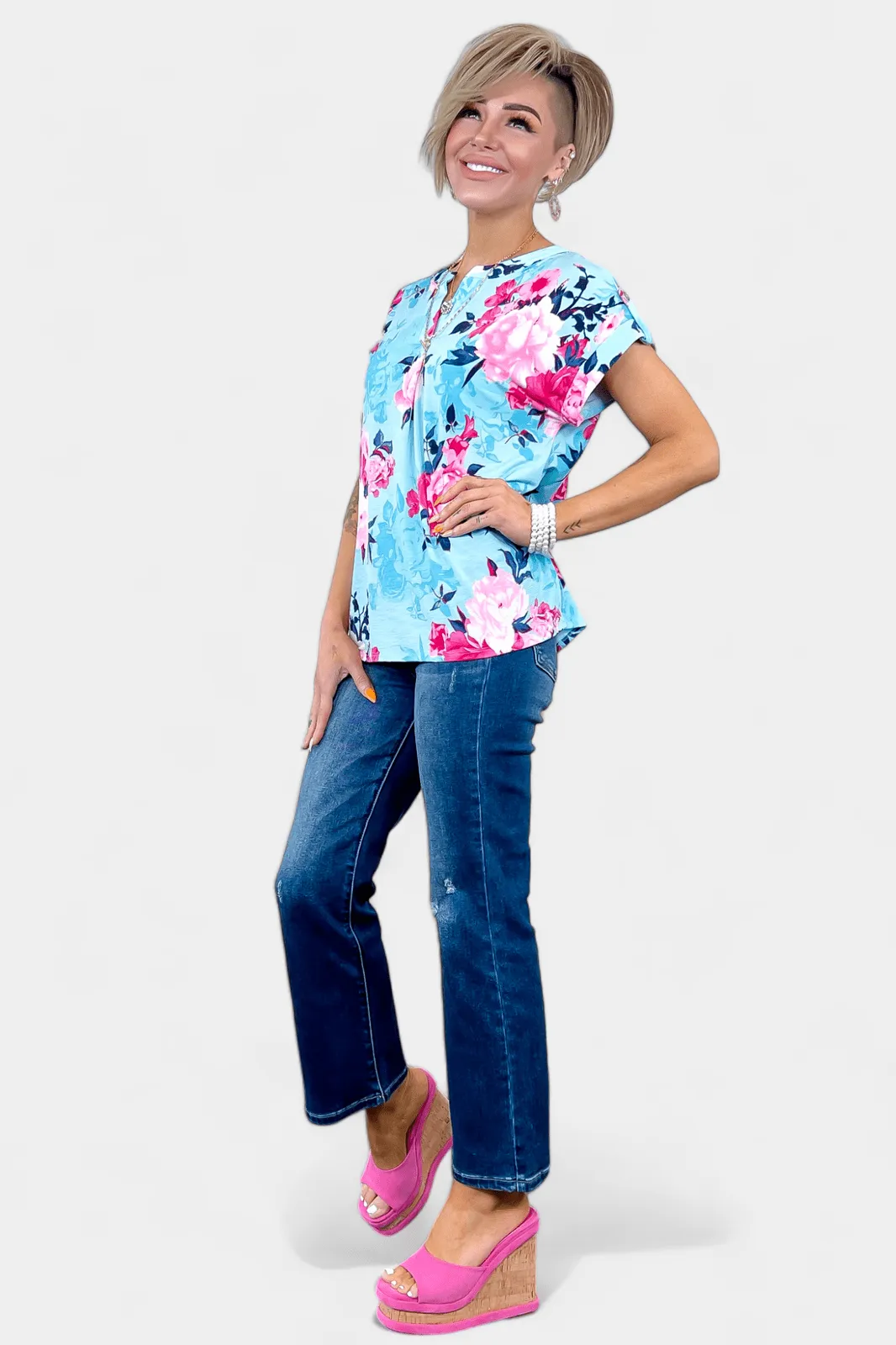 Blue & Pink Floral Lizzy Short Sleeve Top sold by ZZs product image thumbnail 4