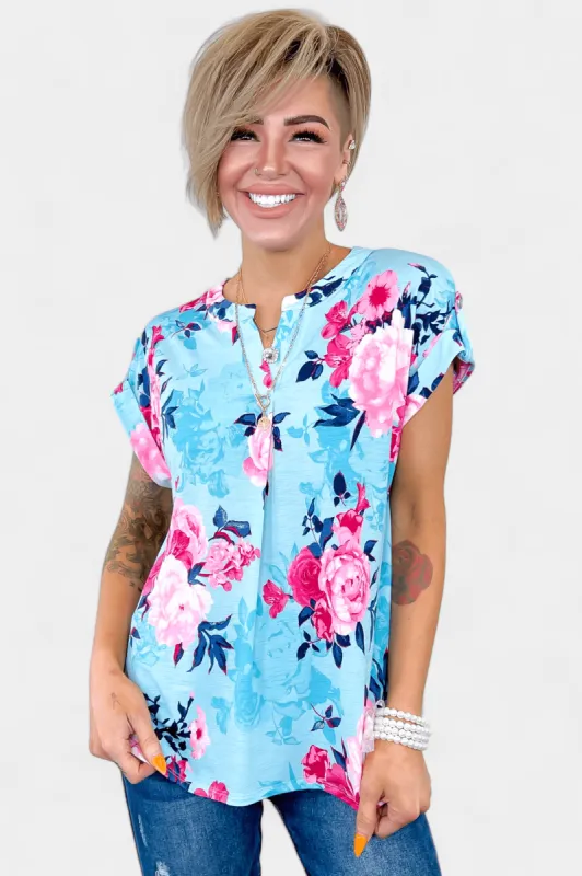 Blue & Pink Floral Lizzy Short Sleeve Top sold by ZZs