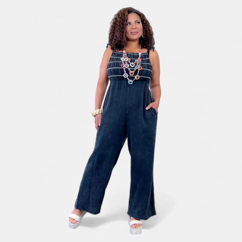 Black Smocked Relaxed Jumpsuit sold by ZZs