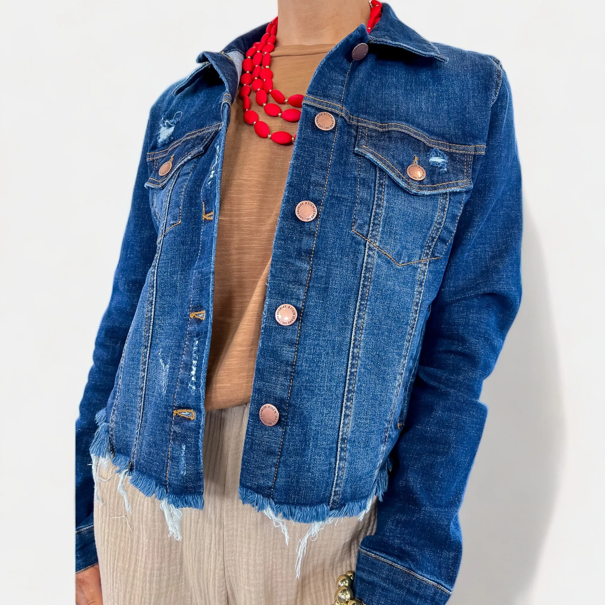 Dark Wash Frayed Denim Jacket sold by ZZs