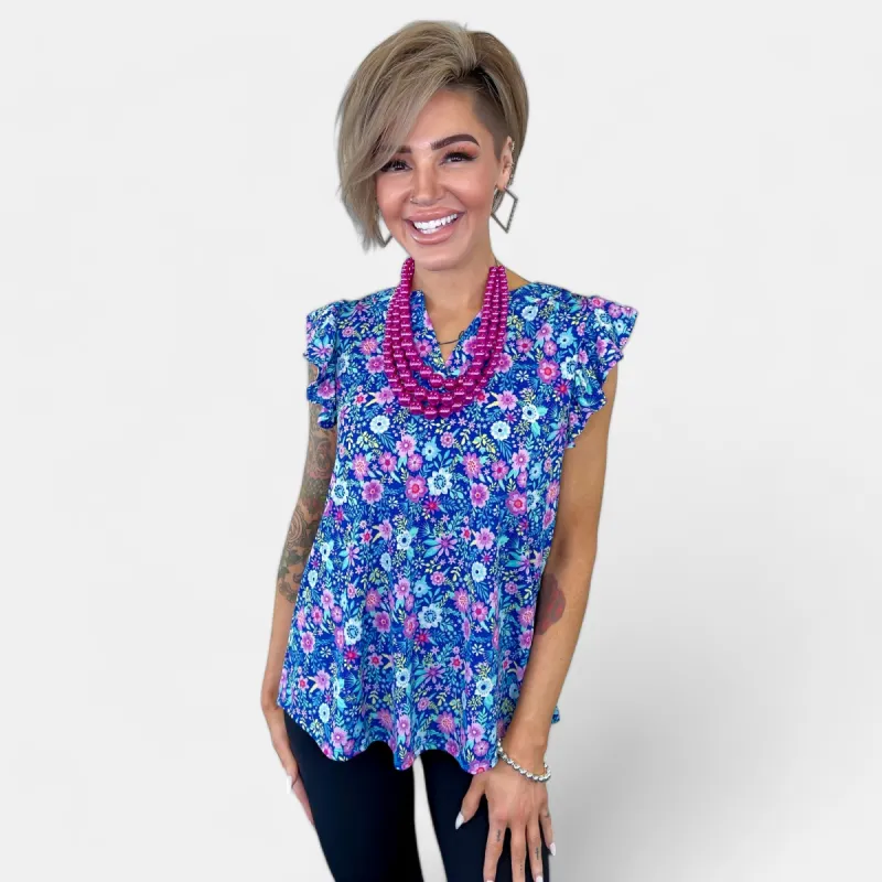 Royal Multi Floral Lizzy Flutter Sleeve Top sold by ZZs