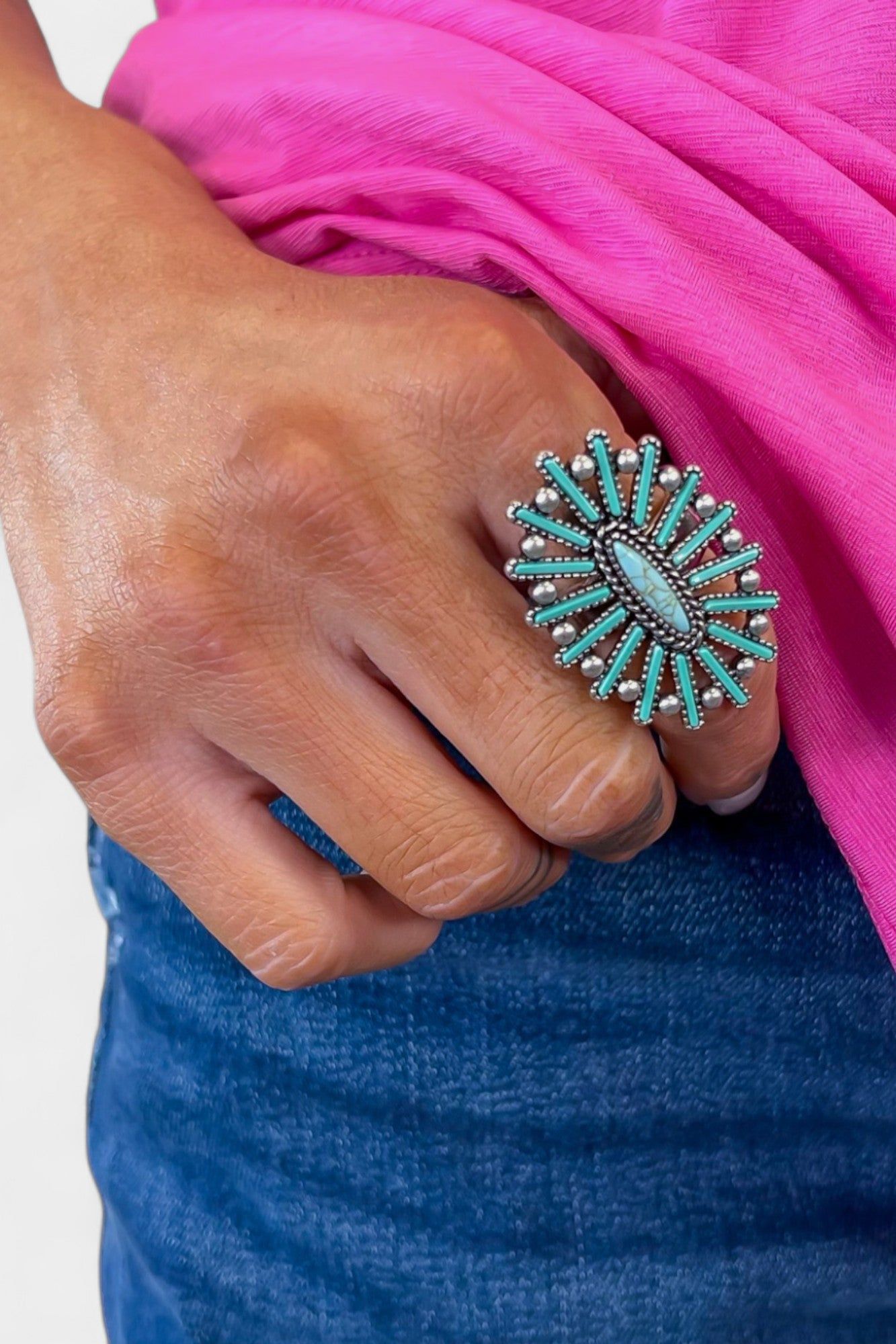 Turquoise Concho Flower Stretch Ring sold by ZZs product image thumbnail 3