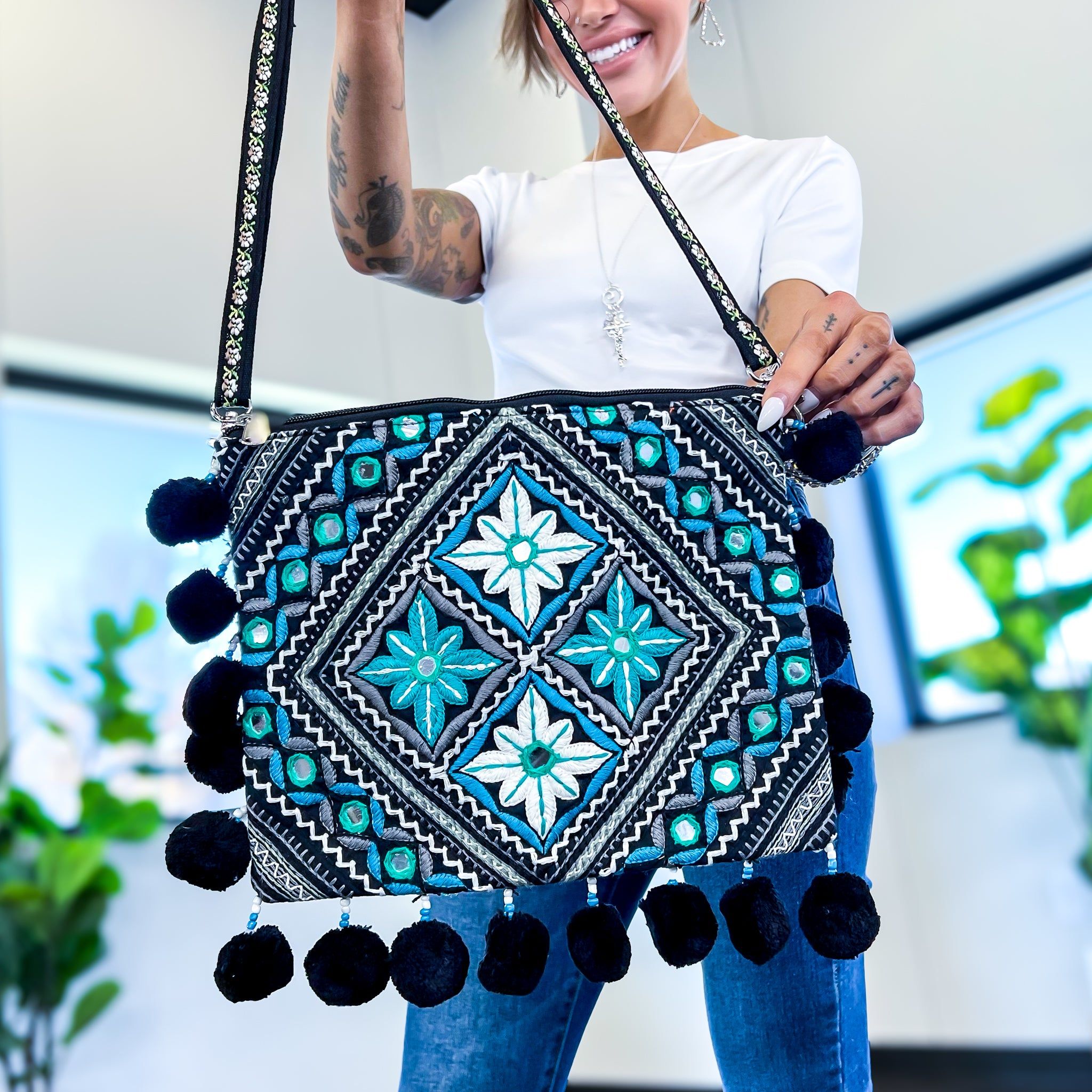 Black Handmade Embroidered Crossbody Bag sold by ZZs