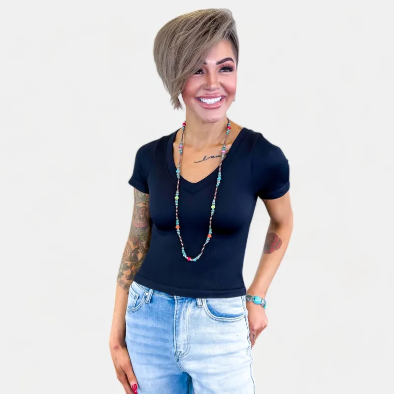 Black Rib V-Neck Top sold by ZZs