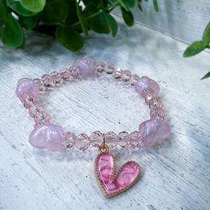 Pink Beaded Heart Charm Stretch Bracelet sold by ZZs