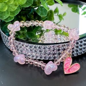 Pink Beaded Heart Charm Stretch Bracelet sold by ZZs