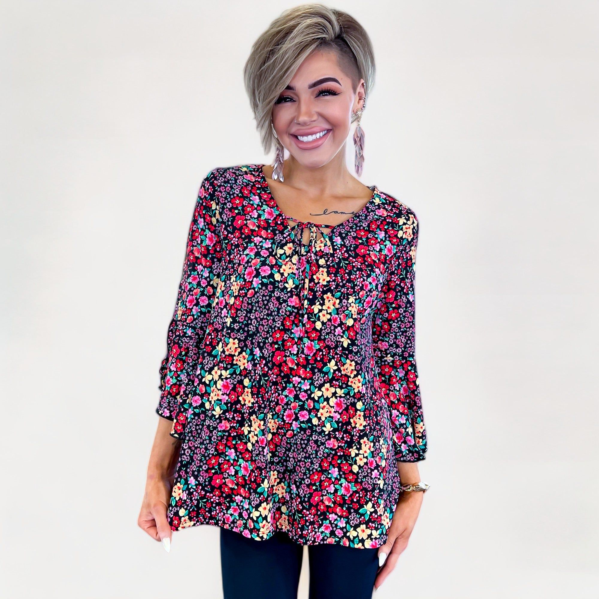 Black Multi Floral Bell Sleeve Top sold by ZZs product image thumbnail 4
