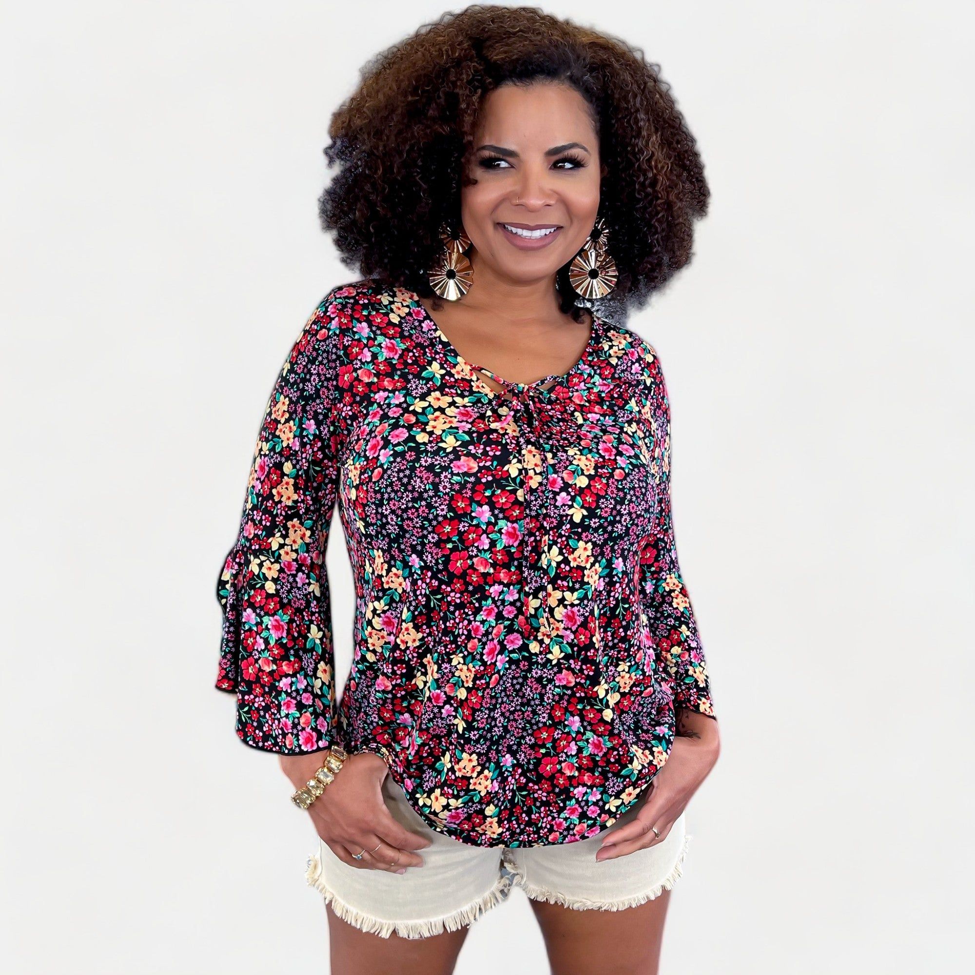 Black Multi Floral Bell Sleeve Top sold by ZZs product image thumbnail 2