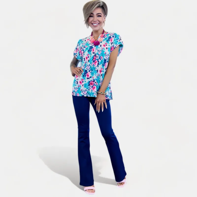 Multi Floral Lizzy Short Sleeve Top sold by ZZs