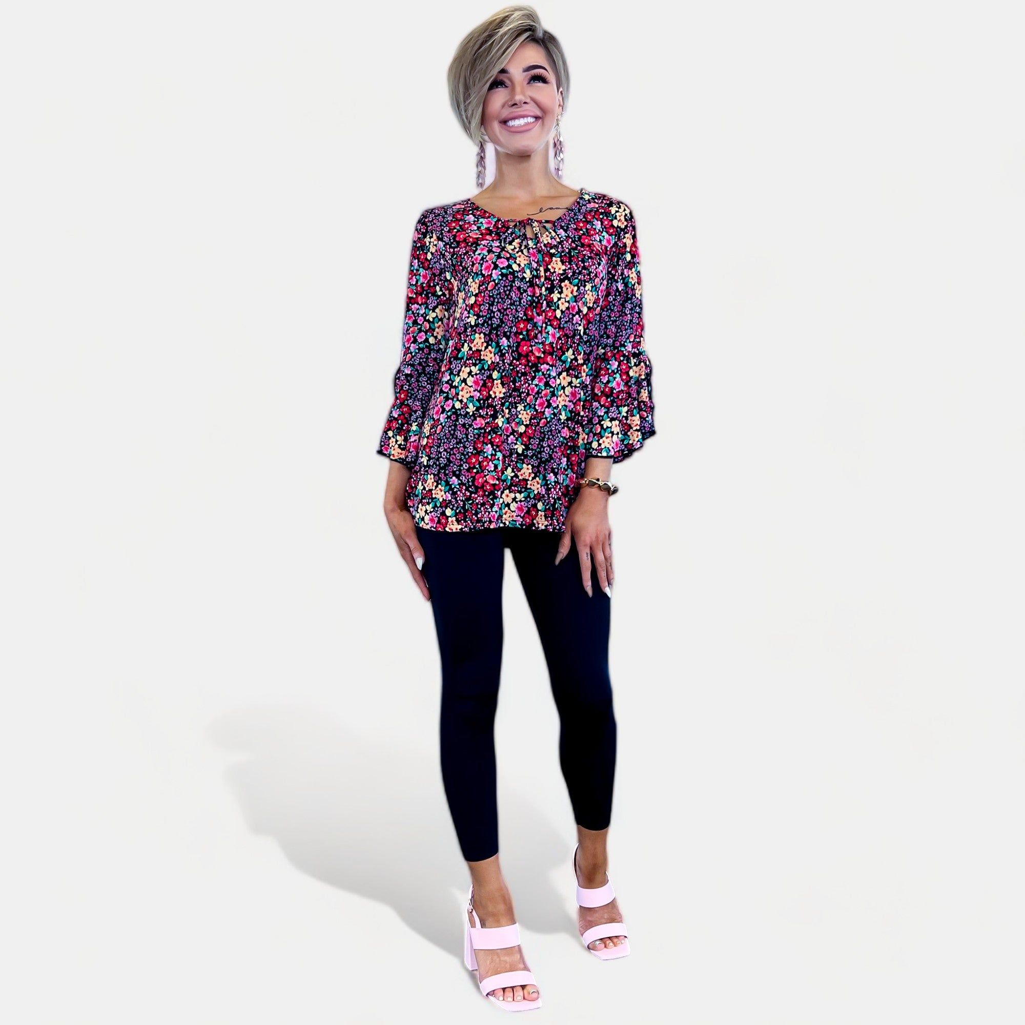 Black Multi Floral Bell Sleeve Top sold by ZZs product image thumbnail 3