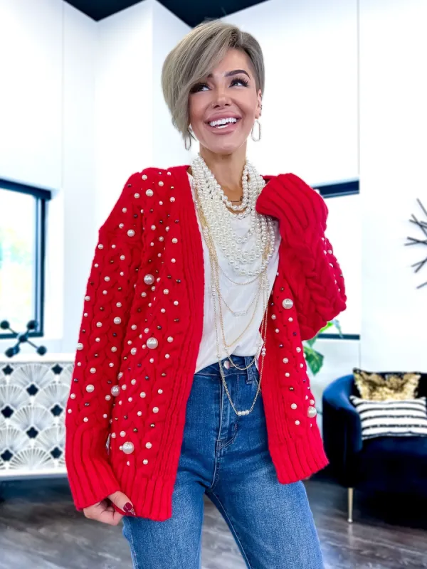 Pearl Embellished Cardigan | Red sold by ZZs