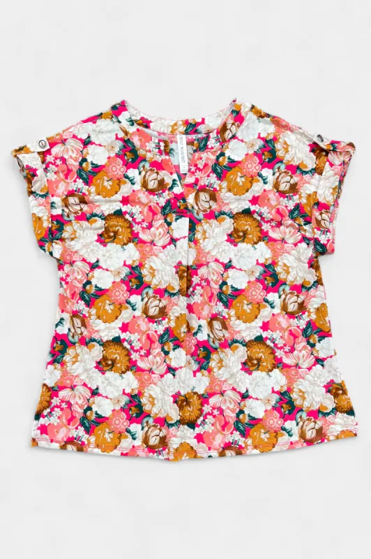 Coral Multi Floral Lizzy Short Sleeve Top sold by ZZs