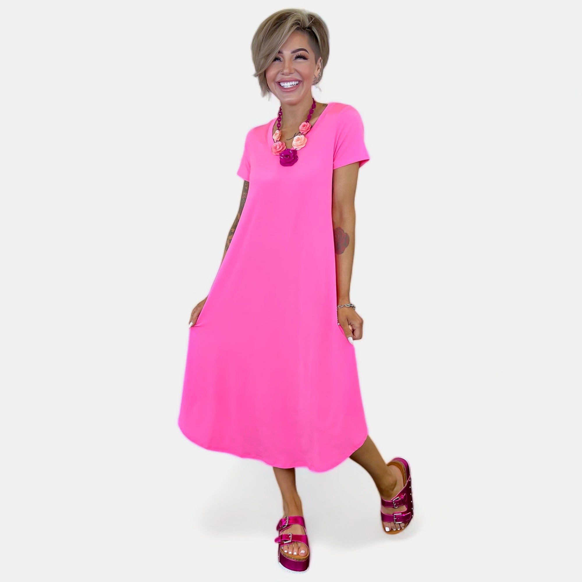 Neon Pink V Neck Midi Dress sold by ZZs