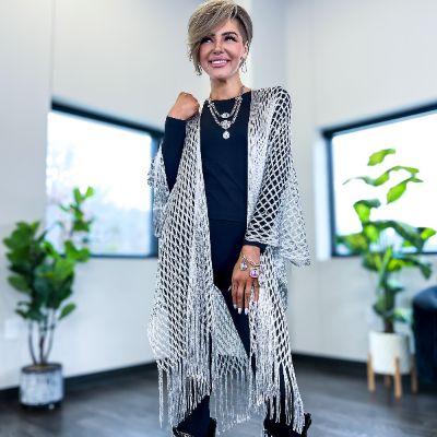 Silver Metallic Crochet Fringe Kimono sold by ZZs