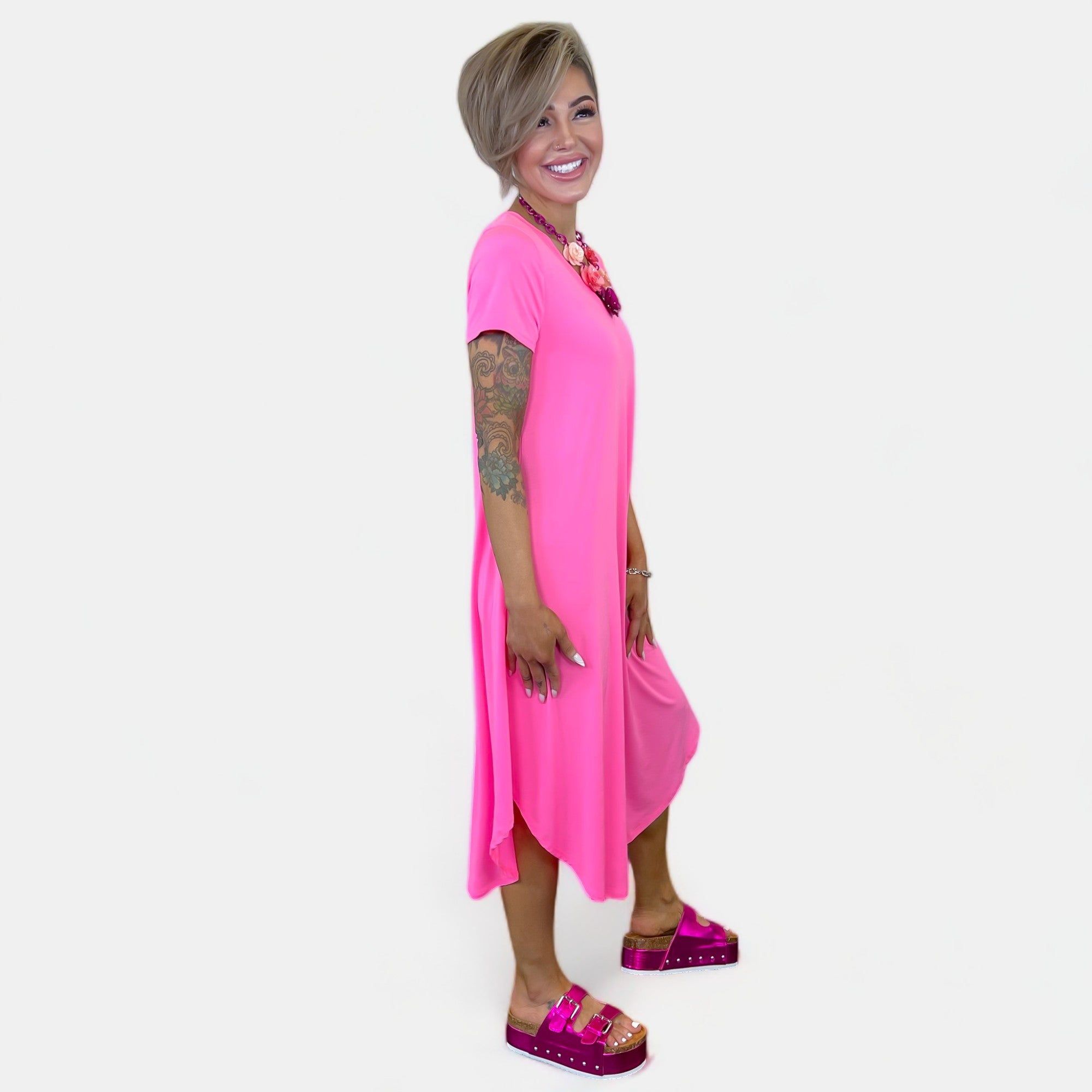Neon Pink V Neck Midi Dress sold by ZZs product image thumbnail 4