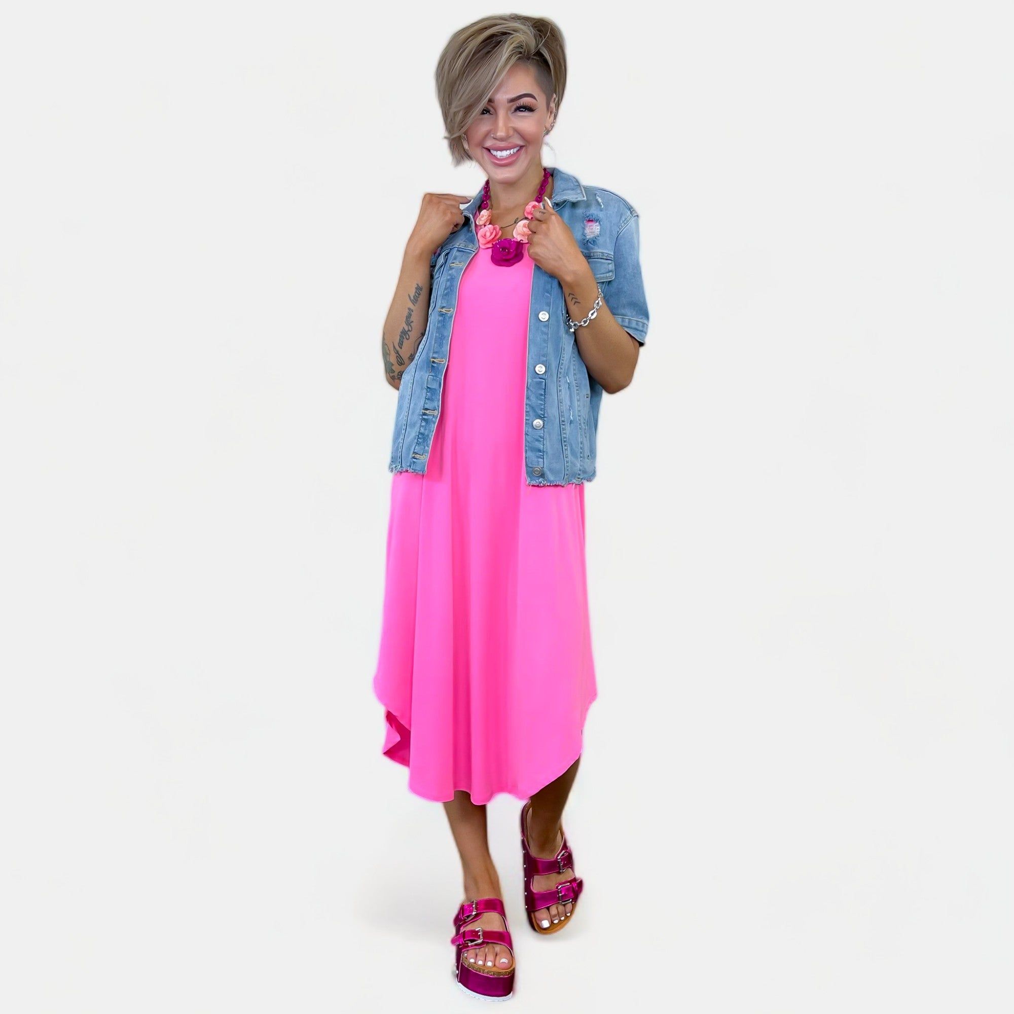 Neon Pink V Neck Midi Dress sold by ZZs product image thumbnail 3