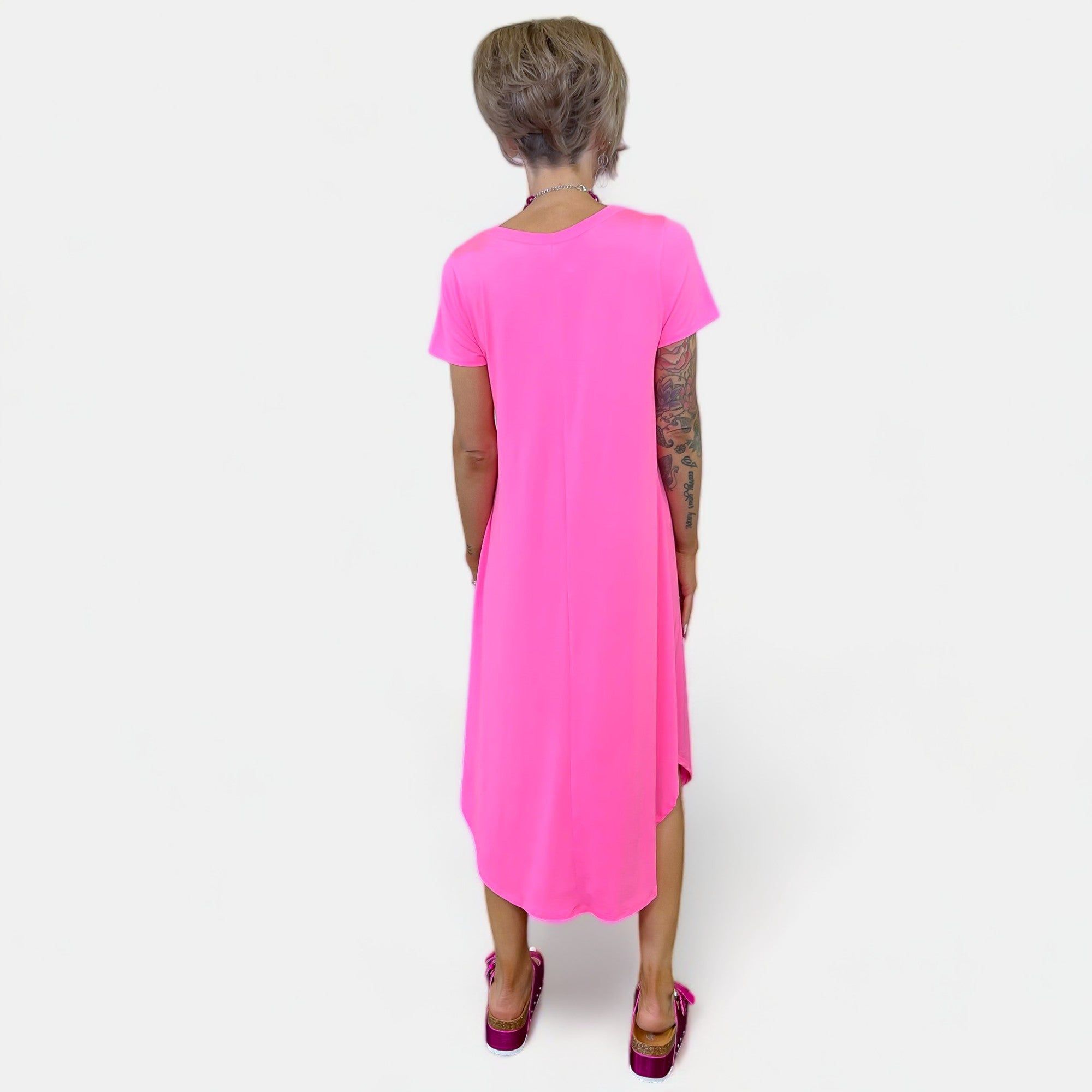 Neon Pink V Neck Midi Dress sold by ZZs product image thumbnail 5